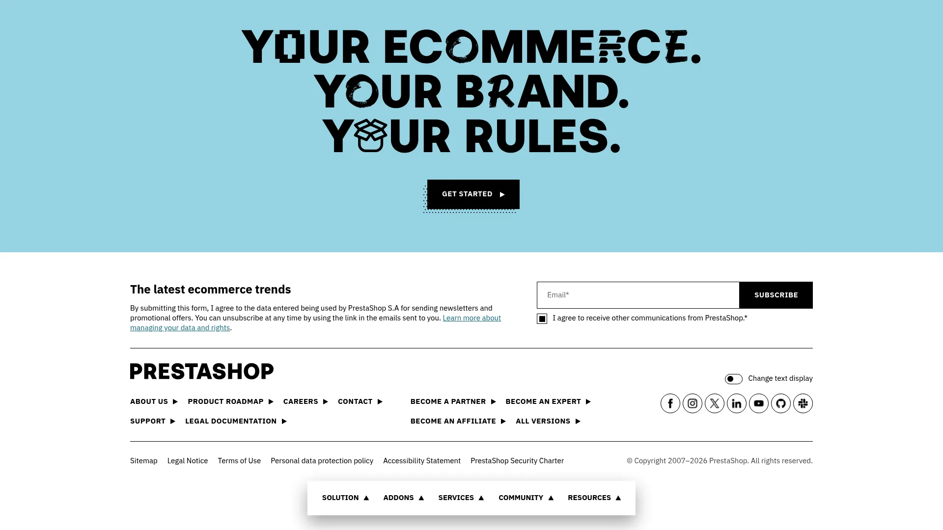 PrestaShop ecommerce platform homepage