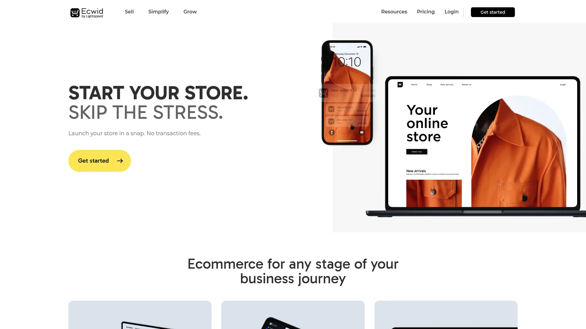 Ecwid ecommerce platform homepage