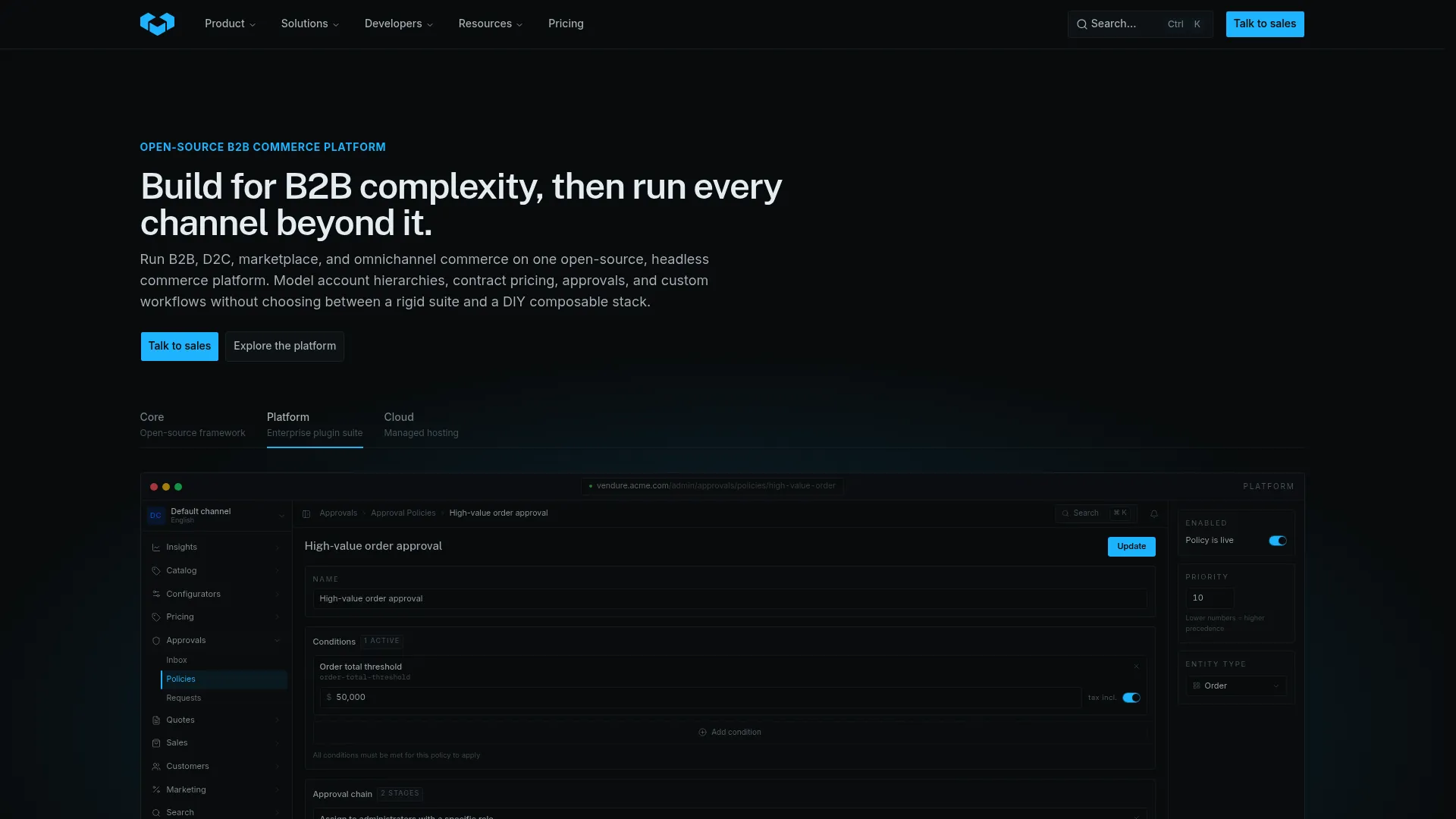 Vendure TypeScript-first open source commerce platform homepage
