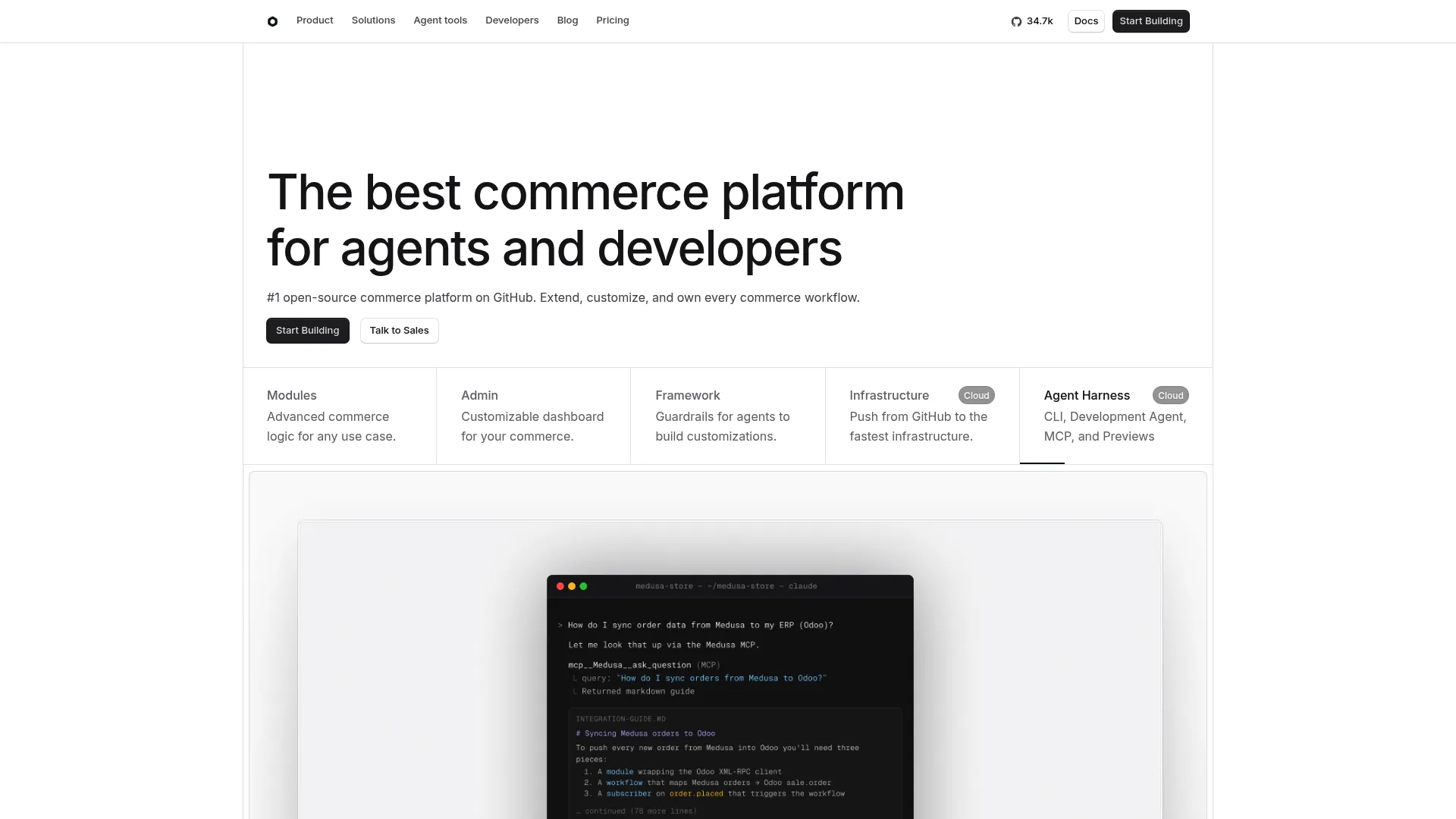 Medusa modular open source commerce platform homepage