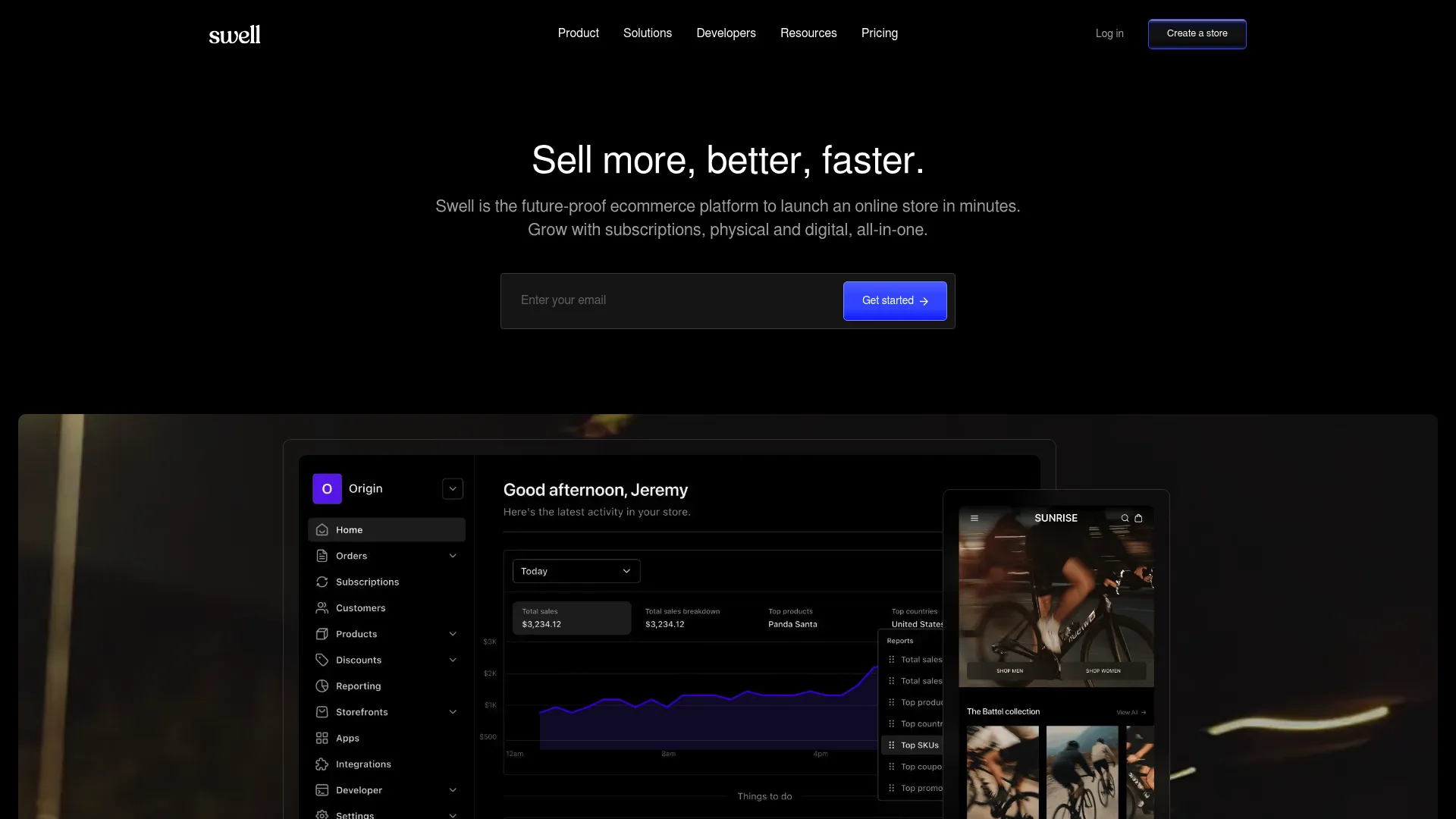 Swell API-first ecommerce platform homepage