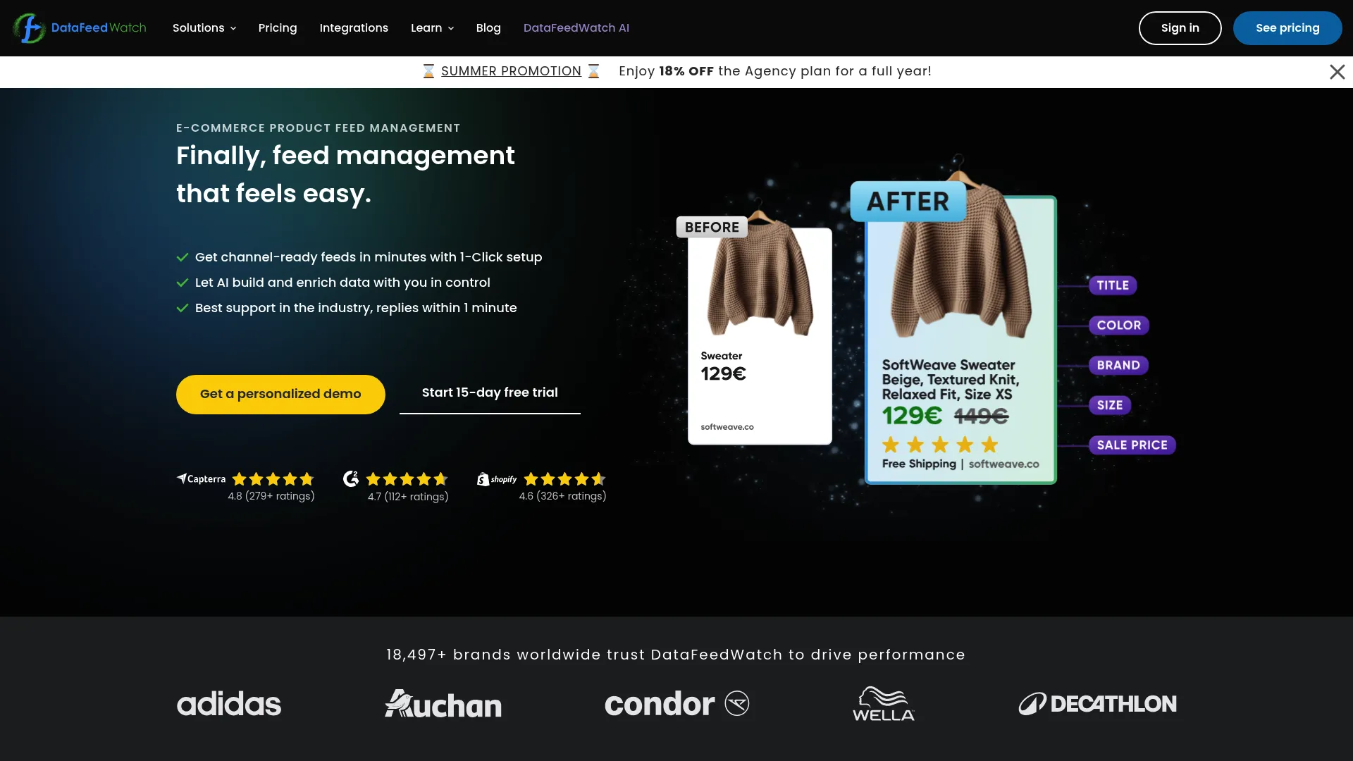 DataFeedWatch feed optimization interface