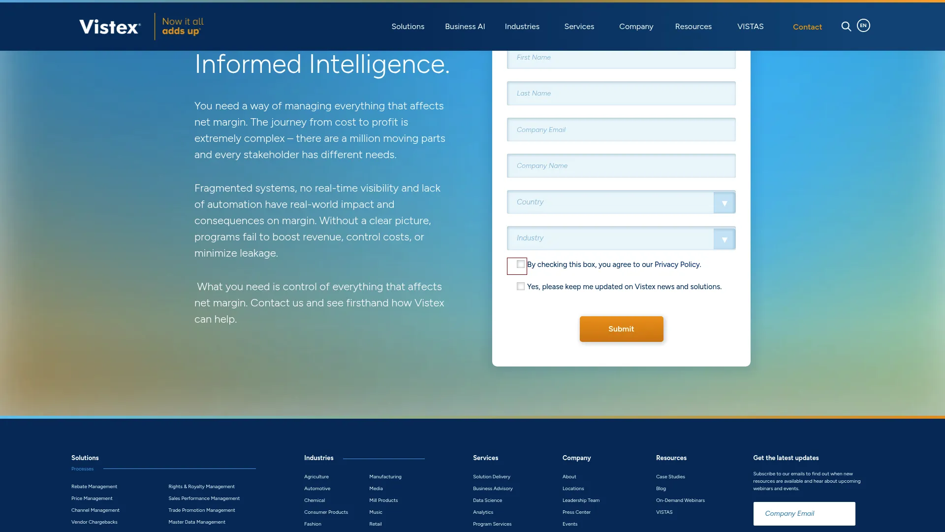 Vistex enterprise revenue management homepage screenshot