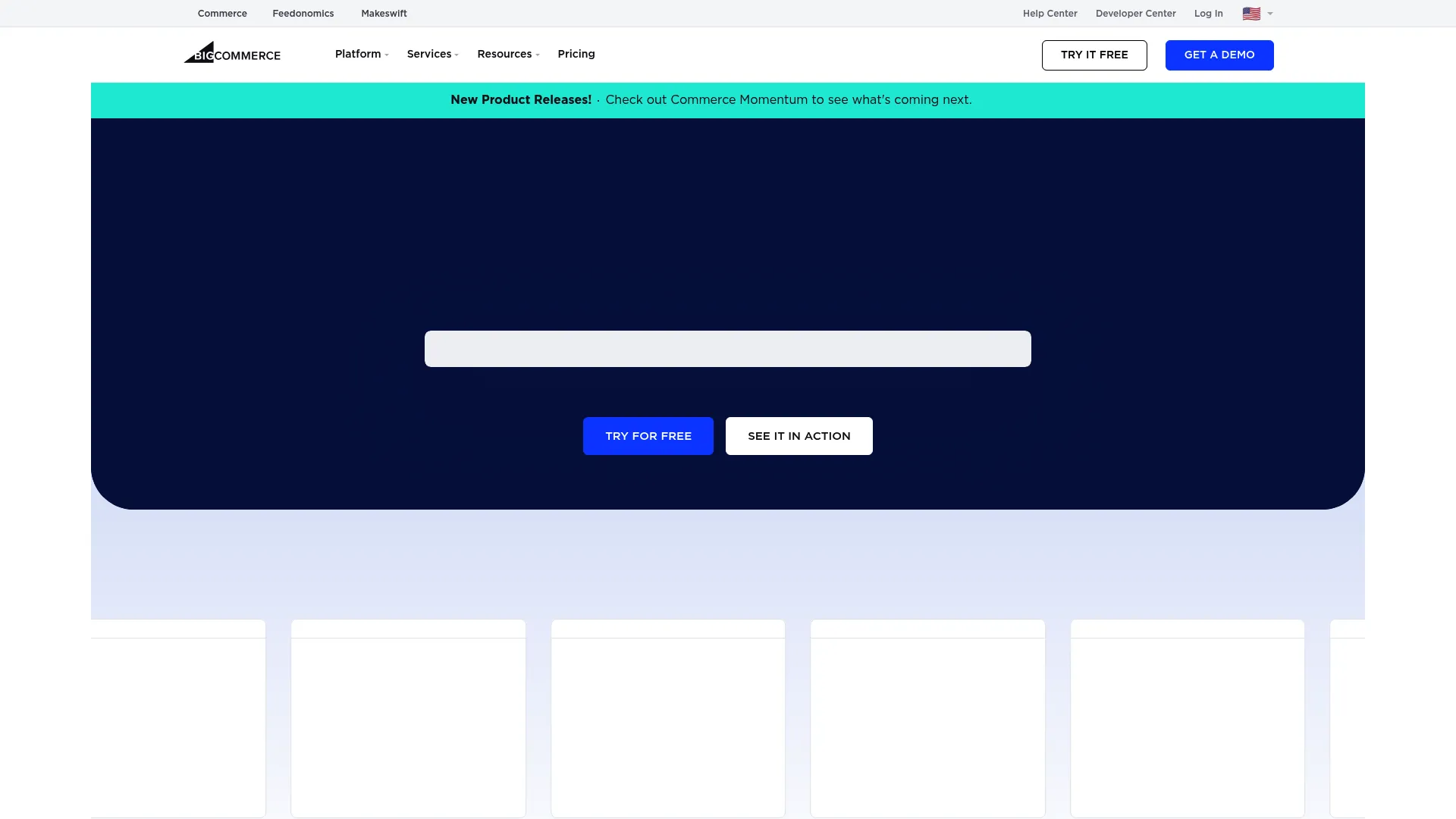 BigCommerce homepage showing its ecommerce platform