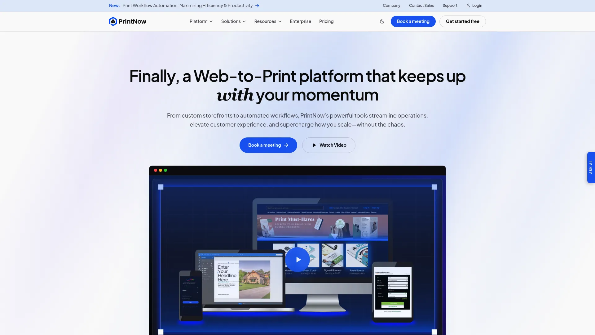 PrintNow web-to-print software homepage
