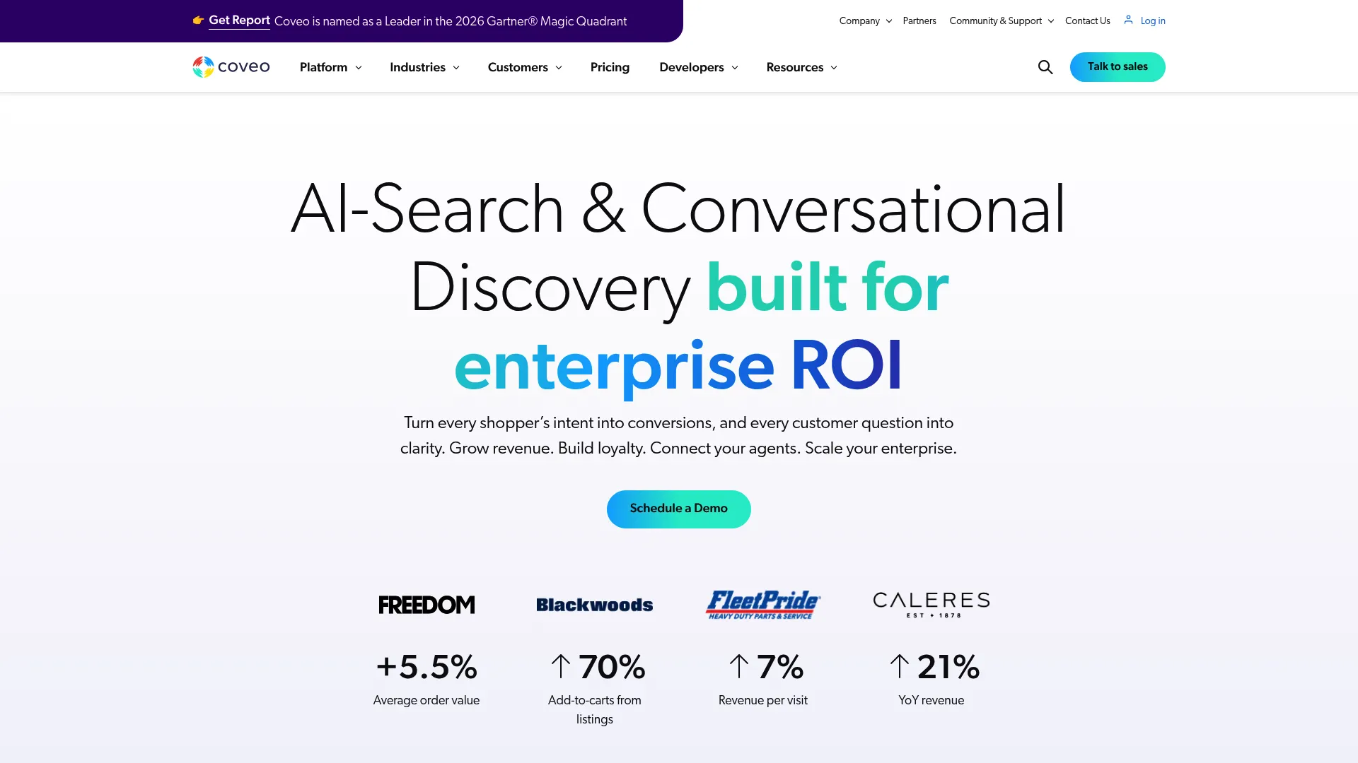 Coveo AI search and recommendations platform homepage