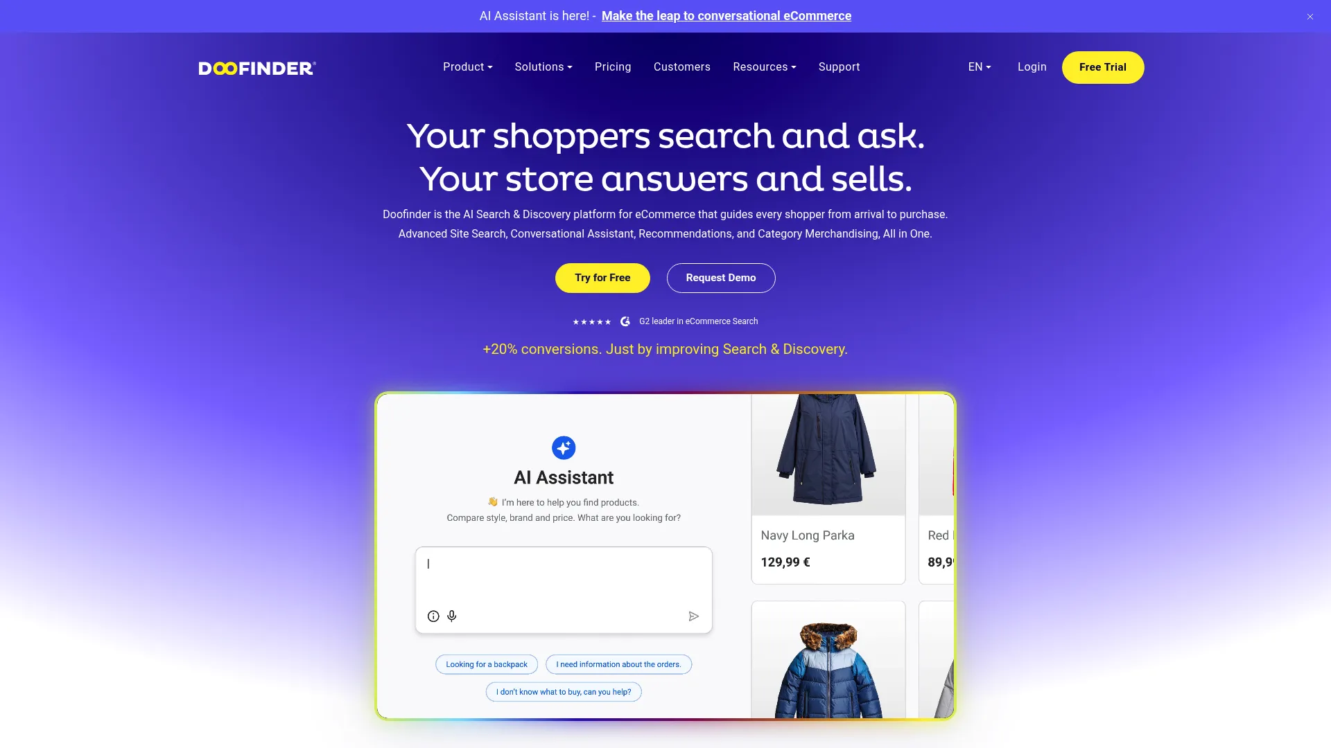 Doofinder ecommerce site search and discovery homepage
