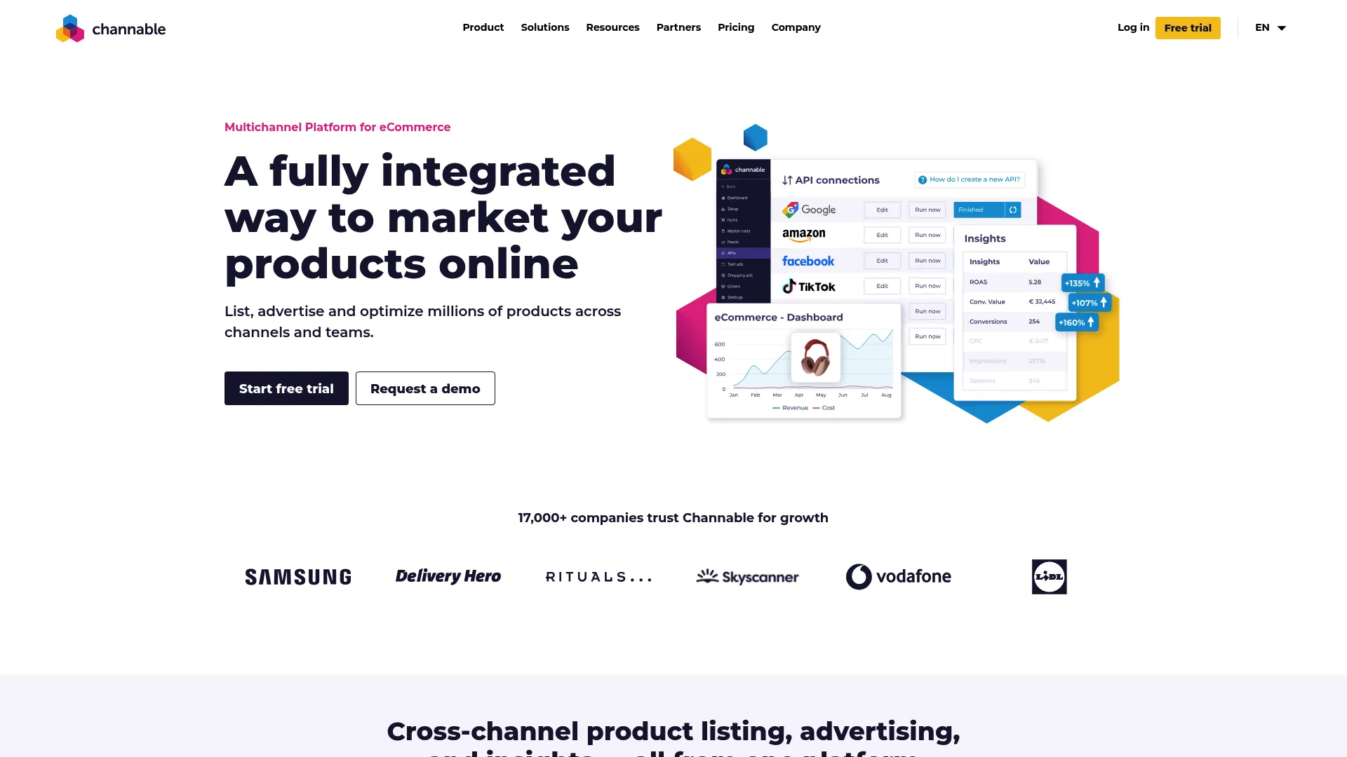 Channable interface showing product feed management and marketplace automation