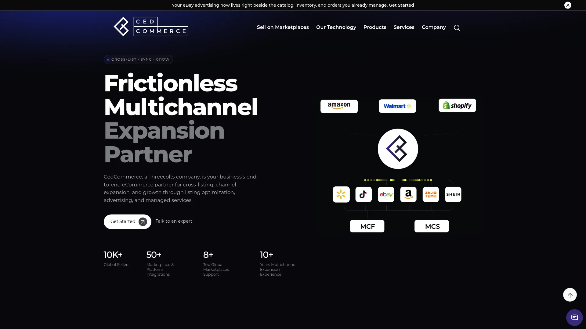 CedCommerce homepage showing marketplace integration apps and ecommerce services