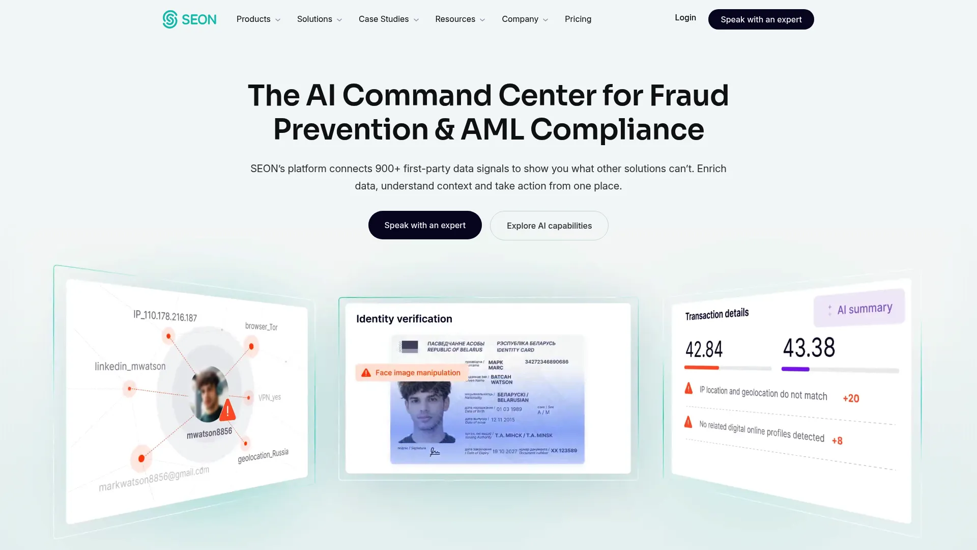 SEON fraud prevention and AML platform homepage