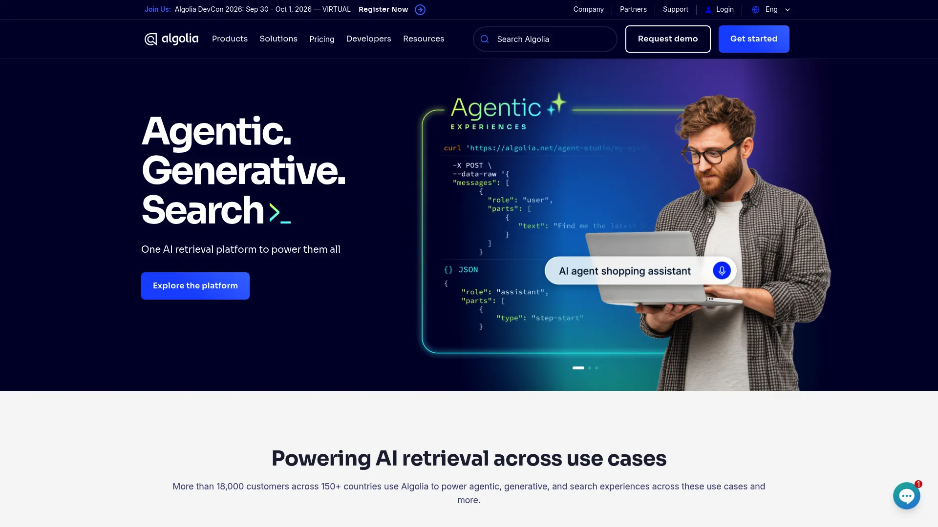 Algolia search and discovery platform homepage