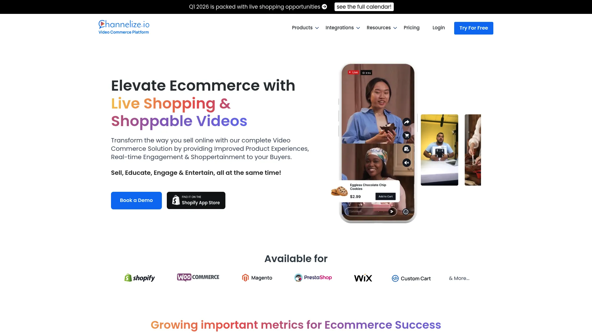 Channelize.io live shopping and shoppable video platform homepage
