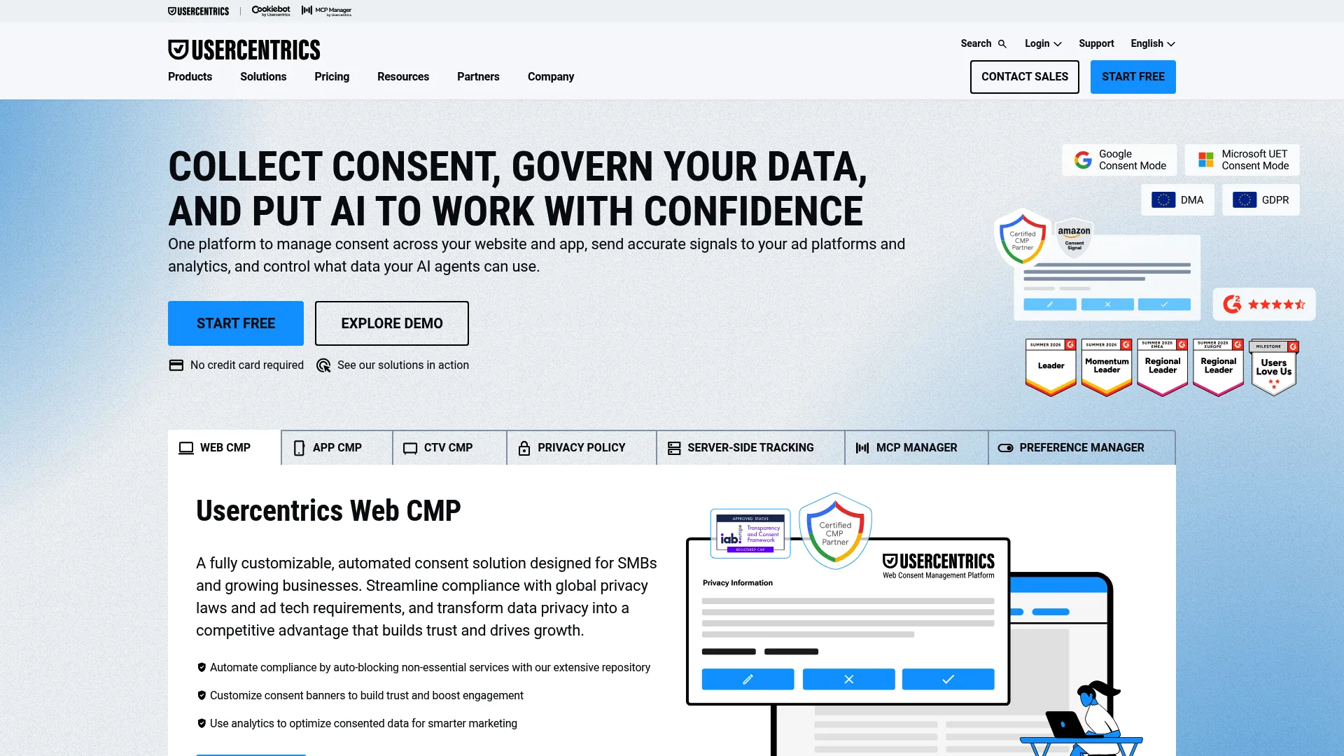 Usercentrics consent management platform homepage