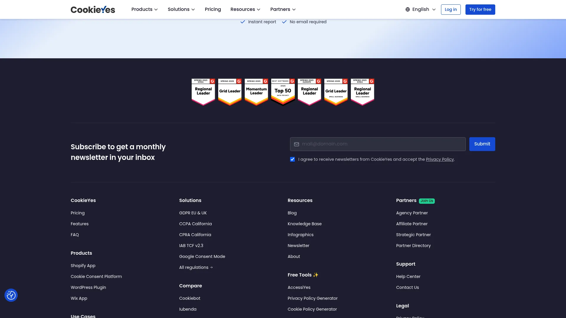 CookieYes cookie consent banner homepage