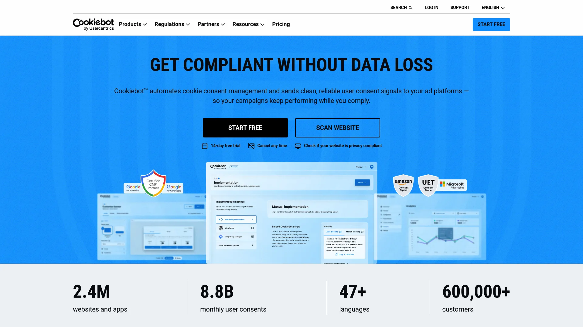Cookiebot cookie consent management homepage