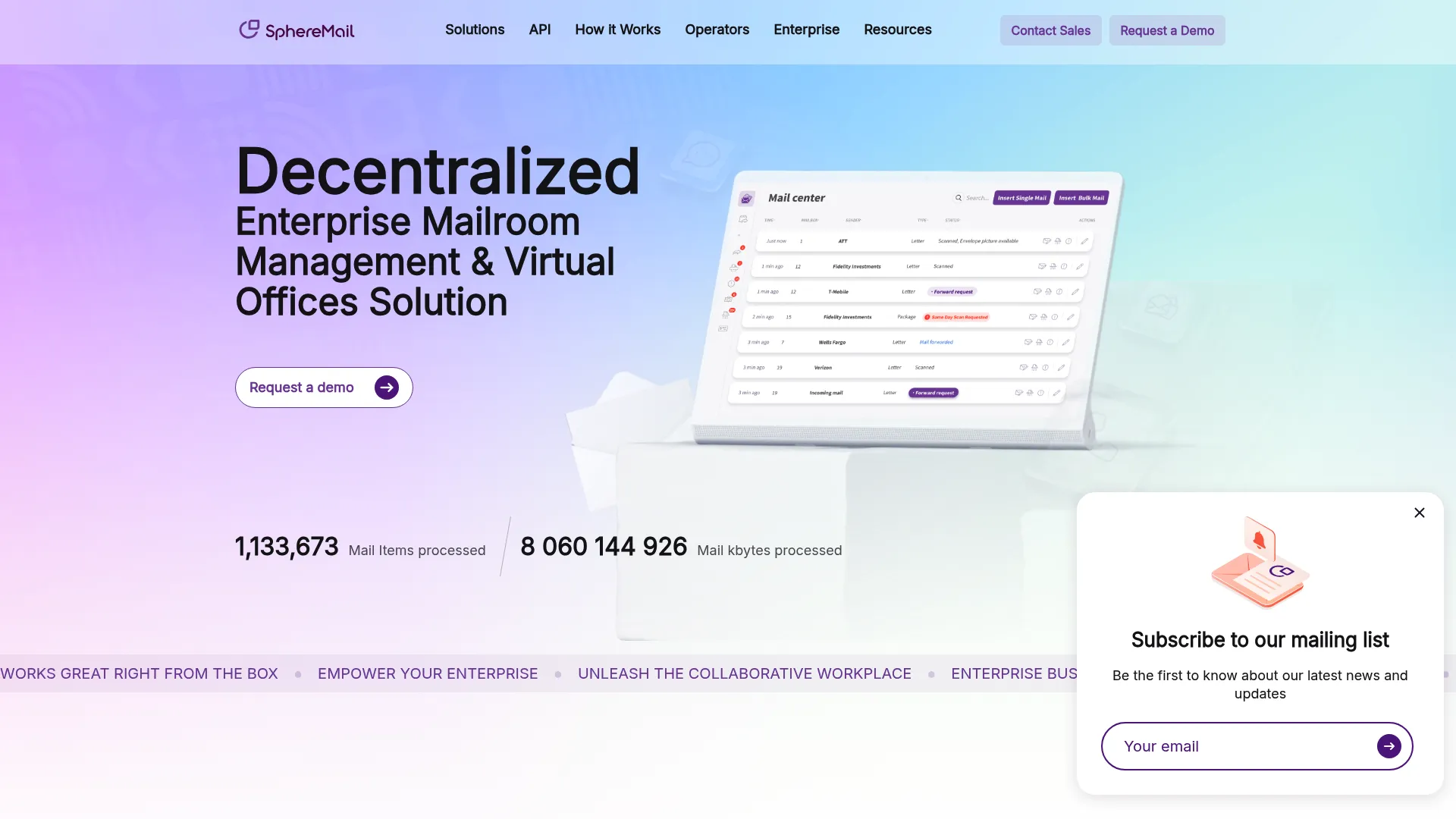 SphereMail mailroom management platform homepage