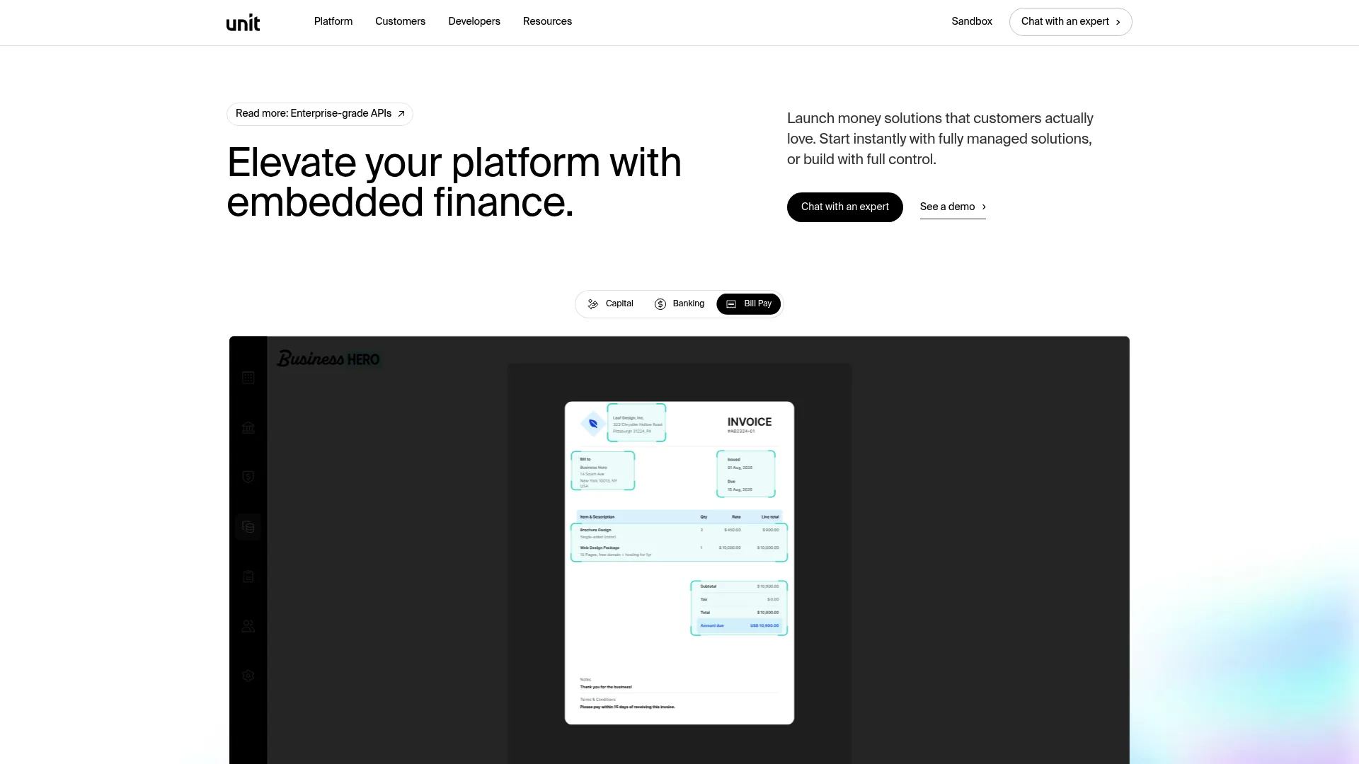 Unit embedded finance platform homepage