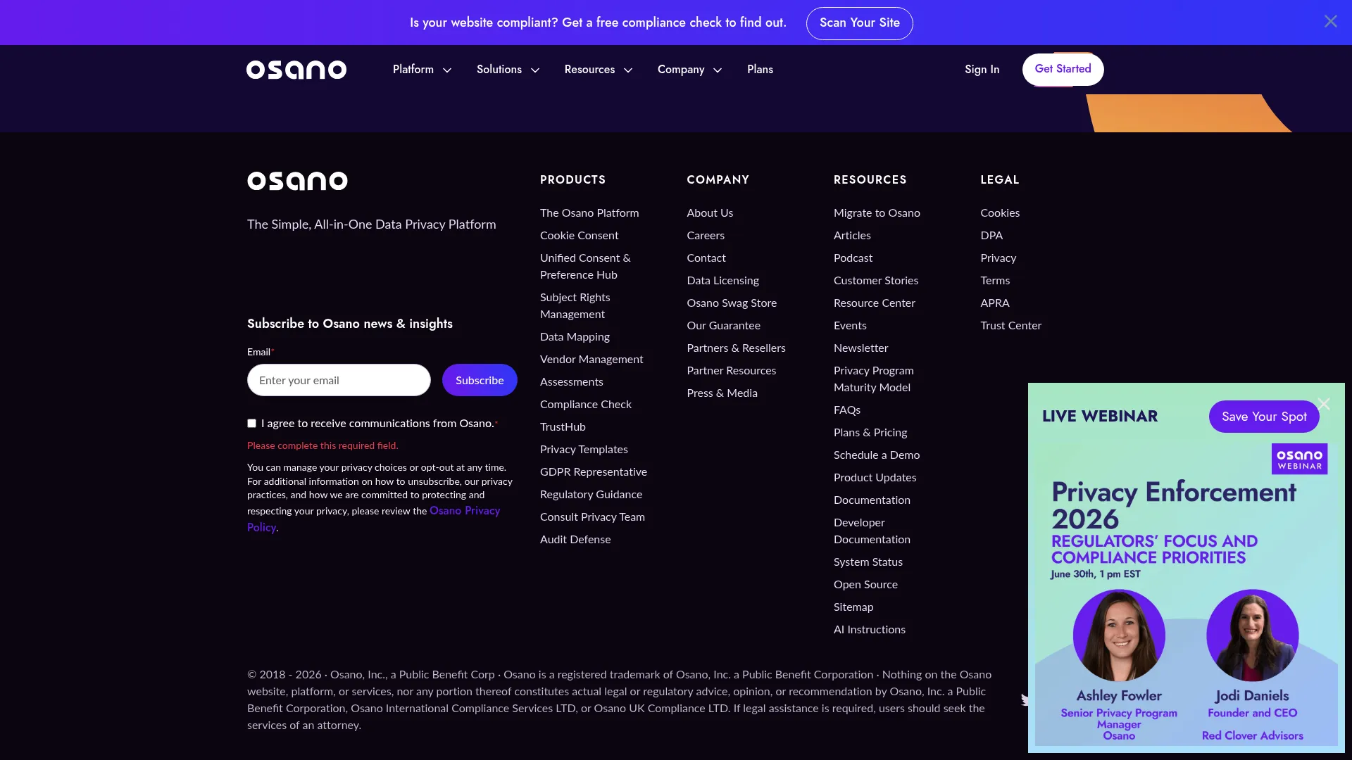 Osano data privacy platform homepage