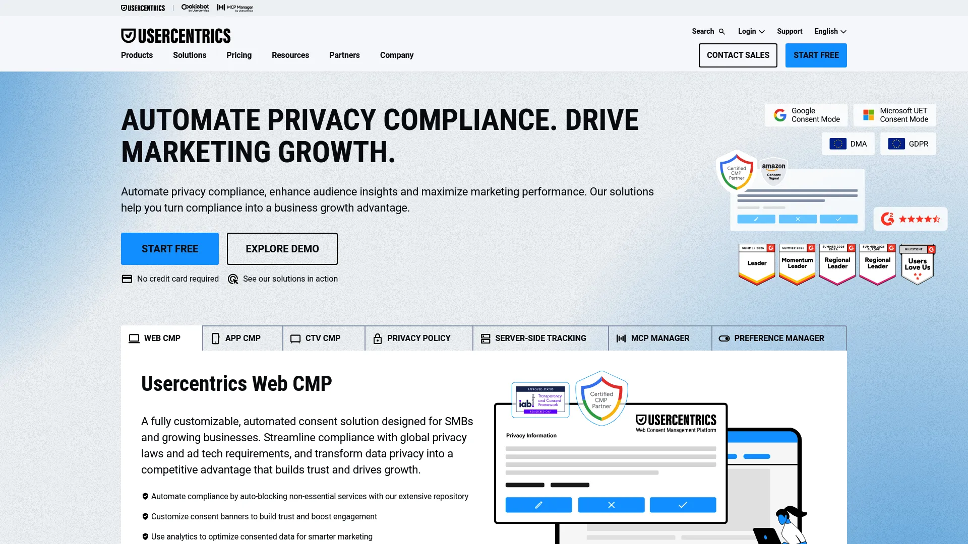 Usercentrics consent management platform homepage