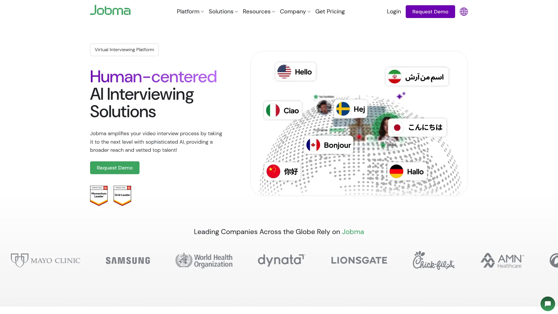 Jobma AI video interviewing platform homepage