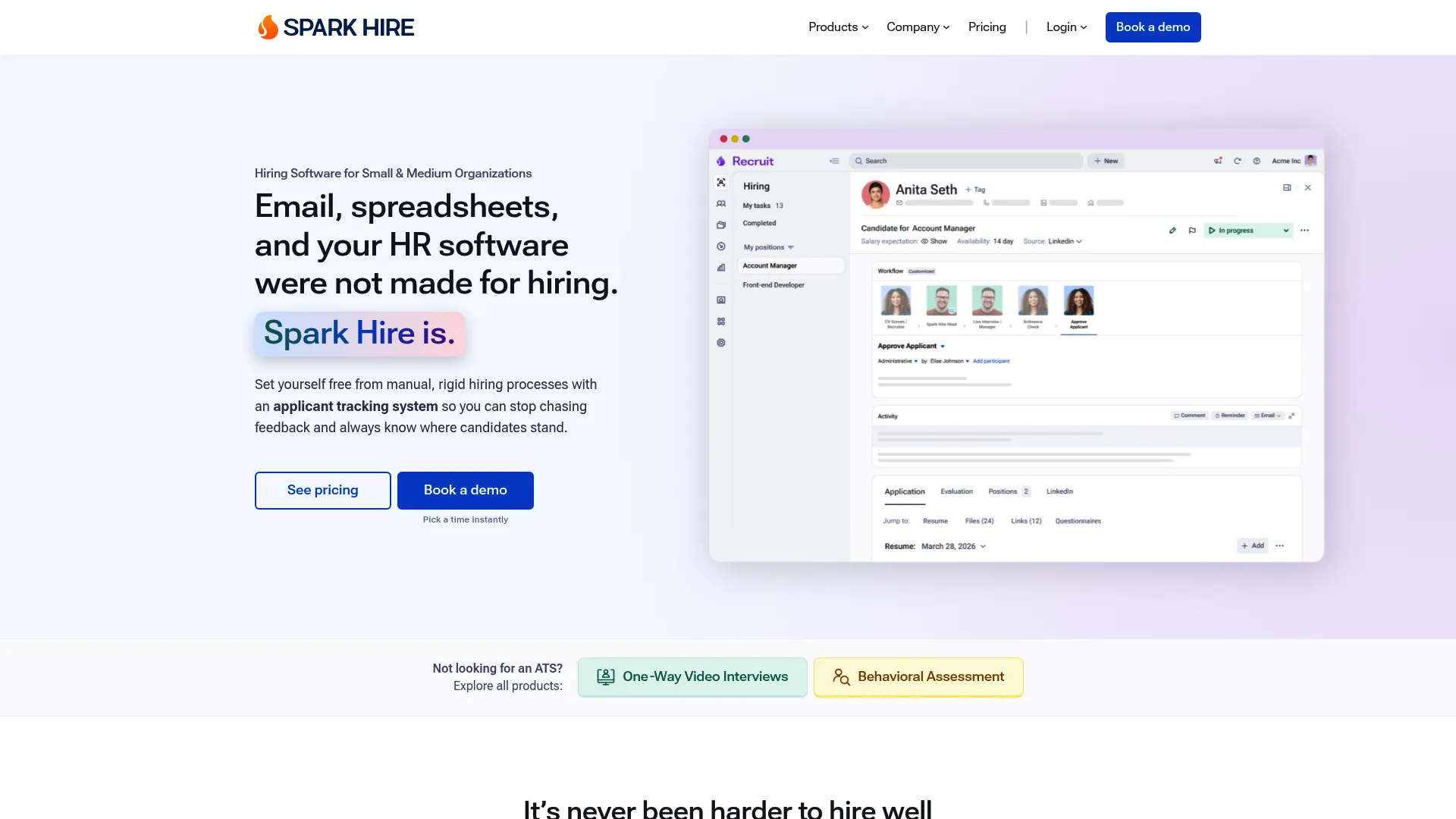 Spark Hire video interviewing and ATS platform homepage