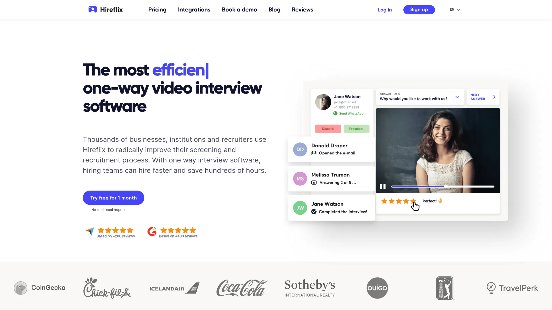 Hireflix one-way video interviewing platform homepage
