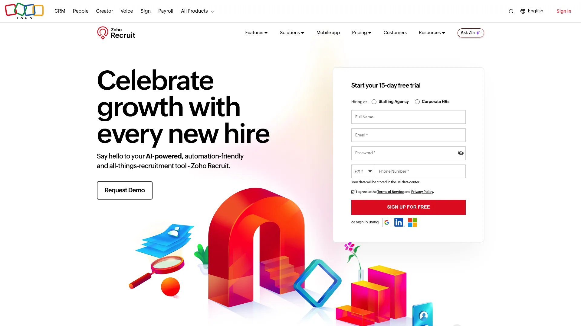 Zoho Recruit ATS homepage