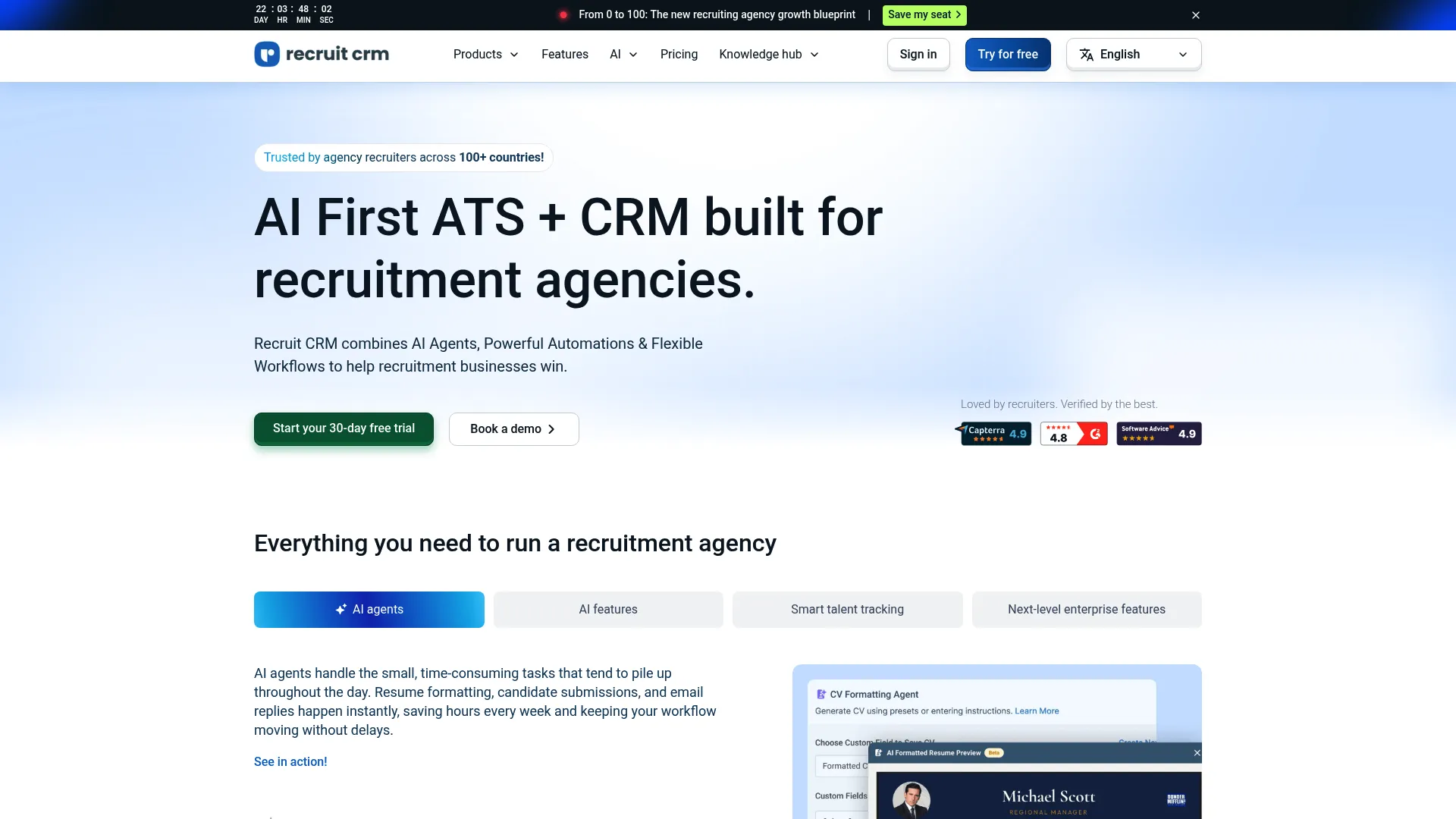 Recruit CRM ATS and CRM homepage