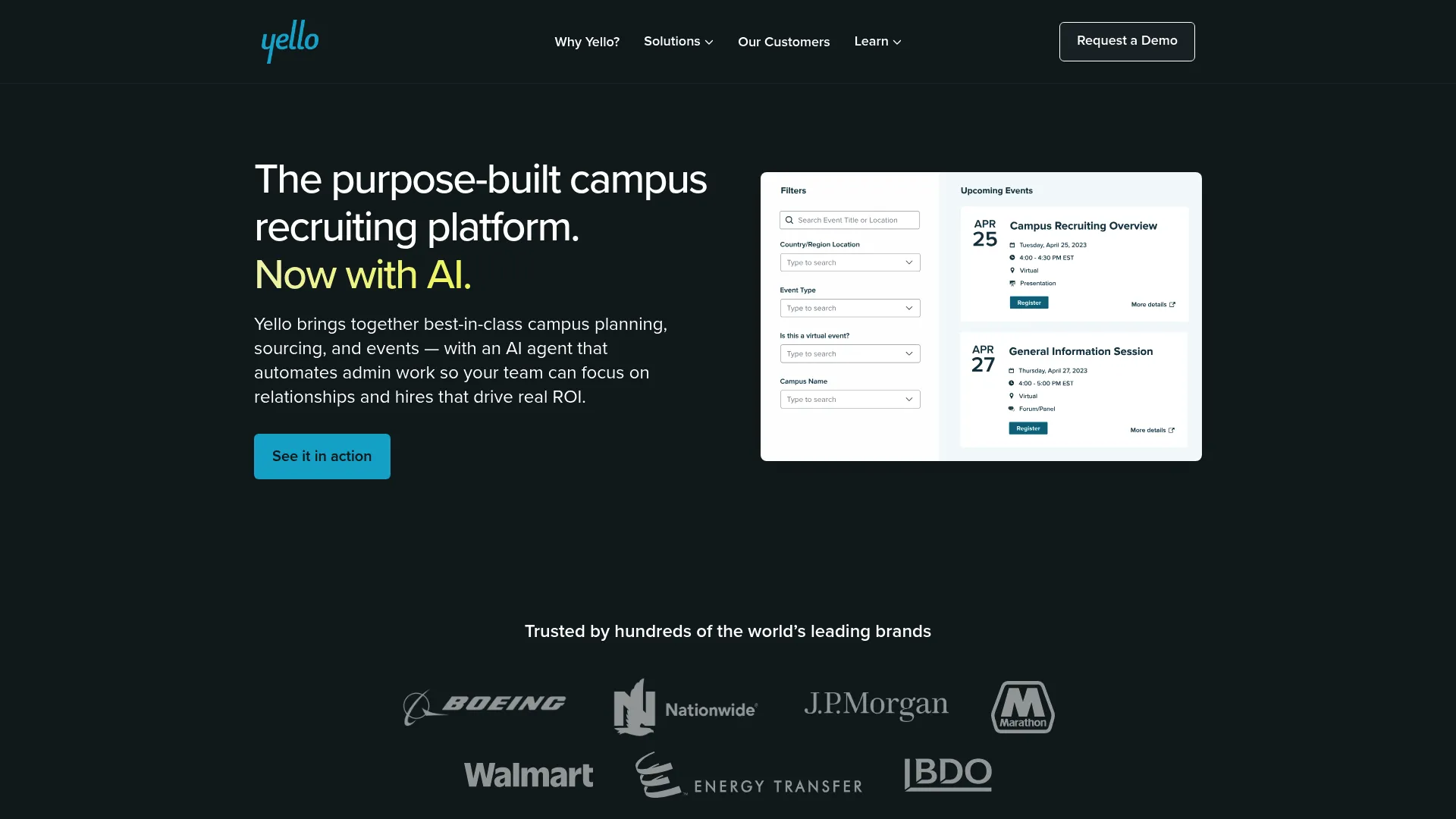 Yello campus and early-talent recruiting platform homepage