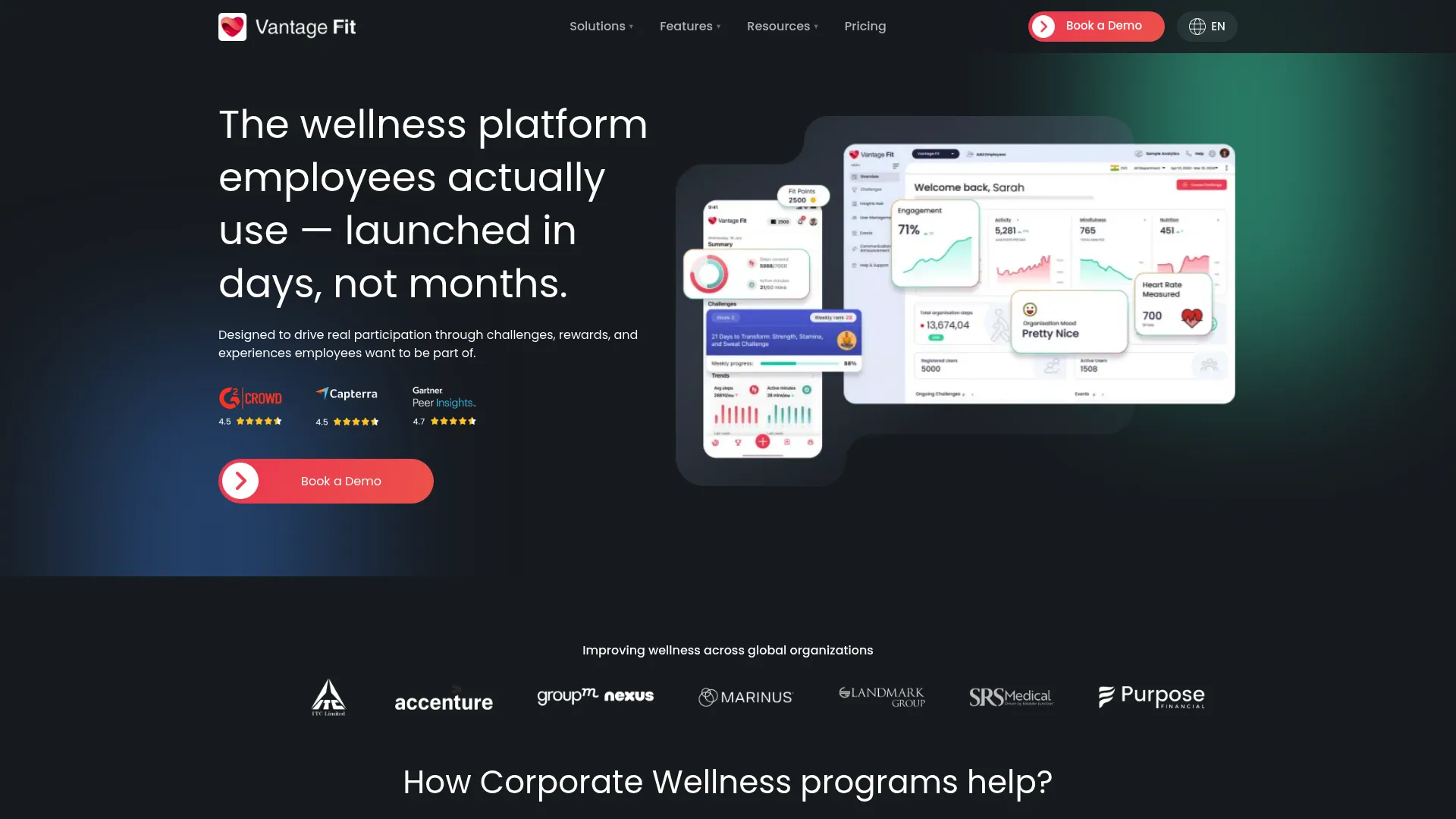Vantage Fit corporate wellness challenge platform homepage