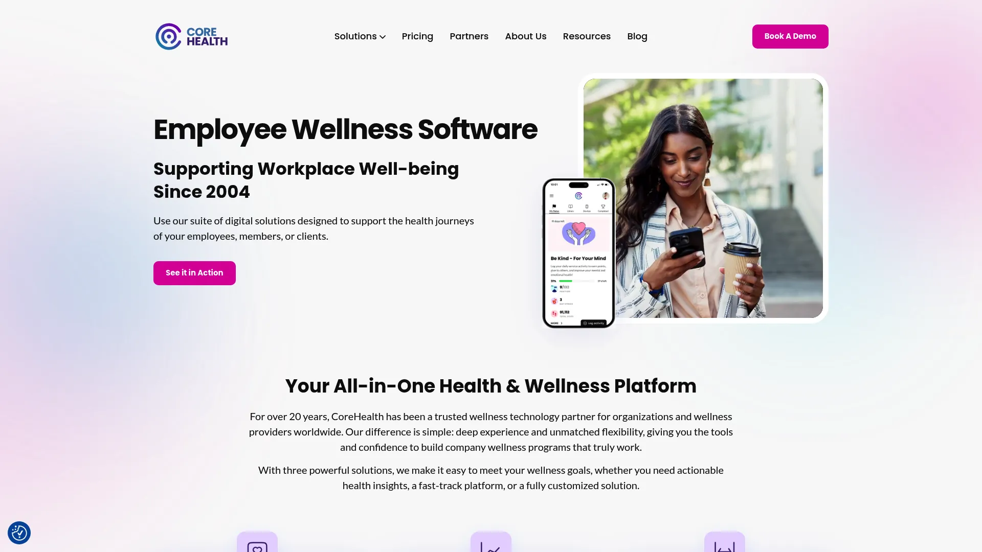 CoreHealth corporate wellness platform homepage