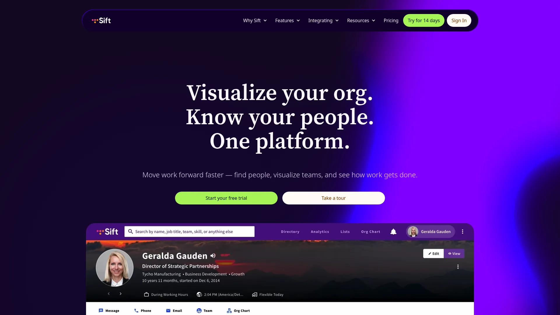 Sift people directory and org chart software homepage