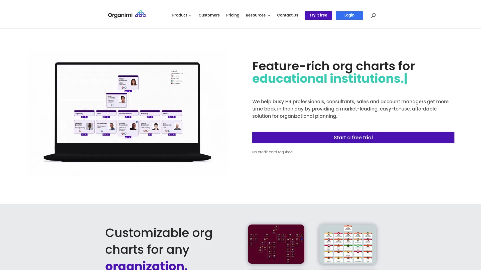 Organimi org chart software homepage showing organizational chart creation features
