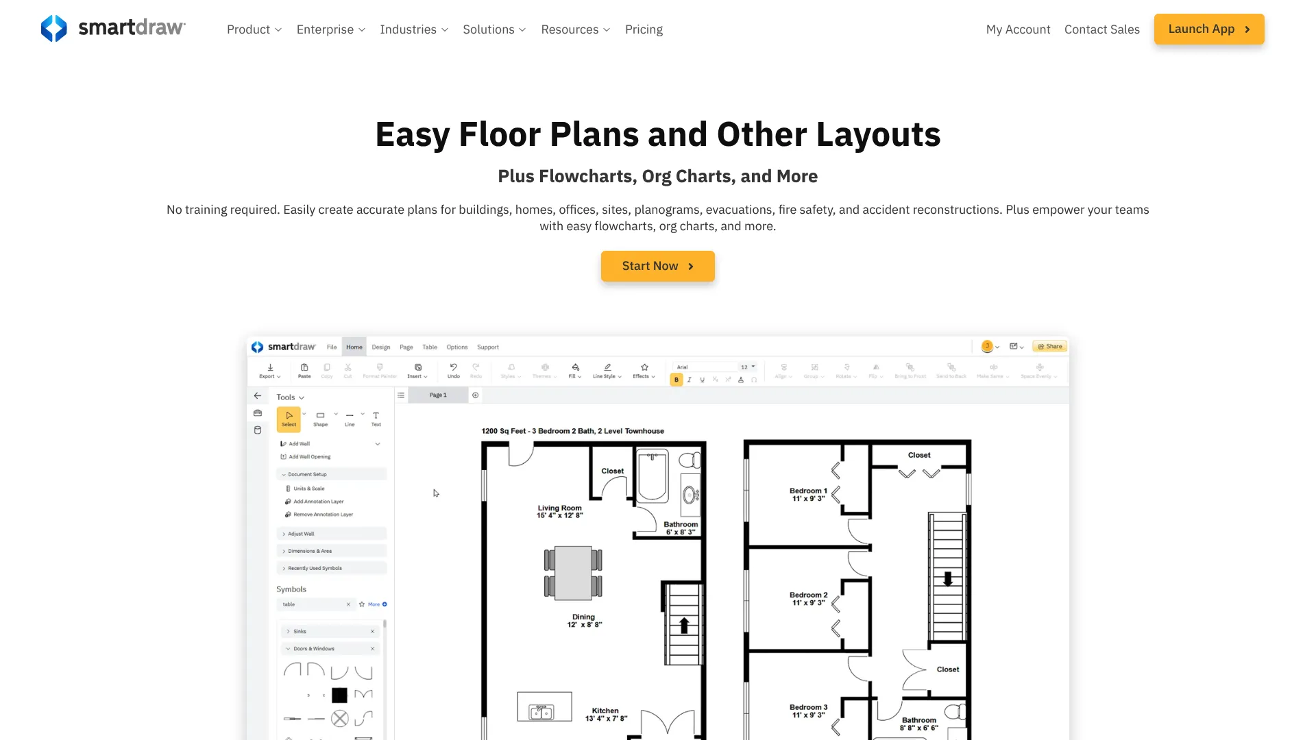 SmartDraw diagramming software homepage showing org chart and floor plan examples
