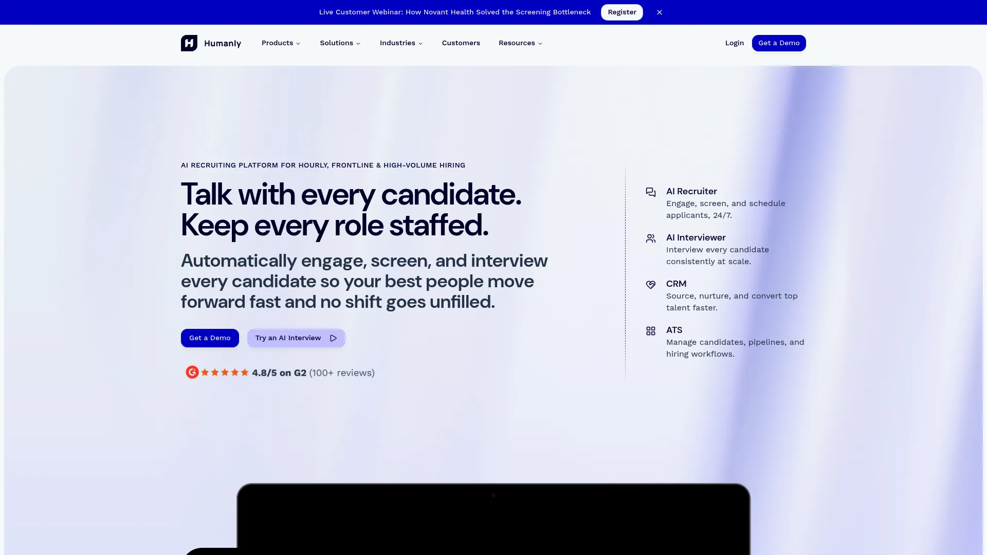 Humanly AI recruiting platform homepage