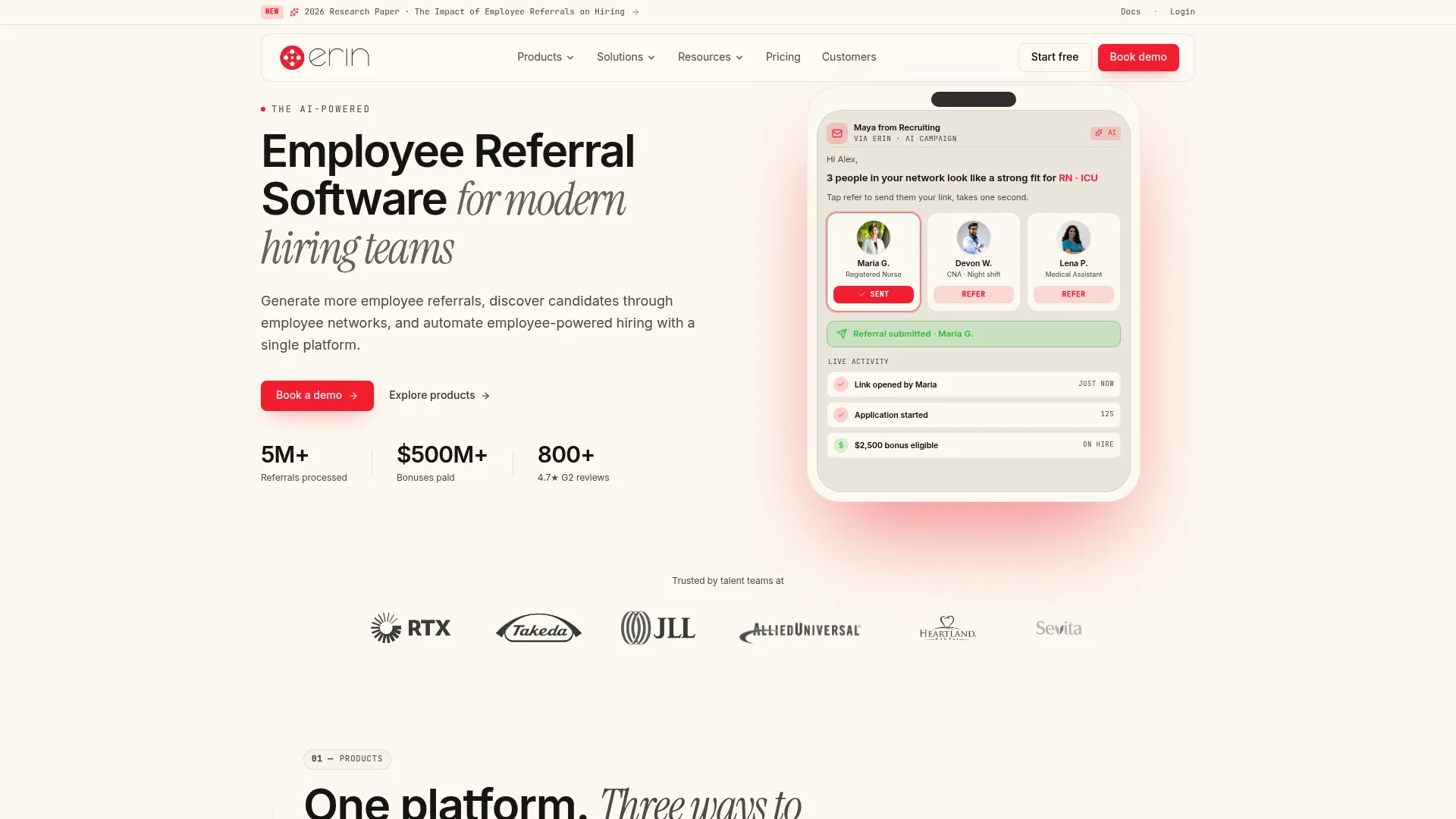ERIN employee referral software homepage