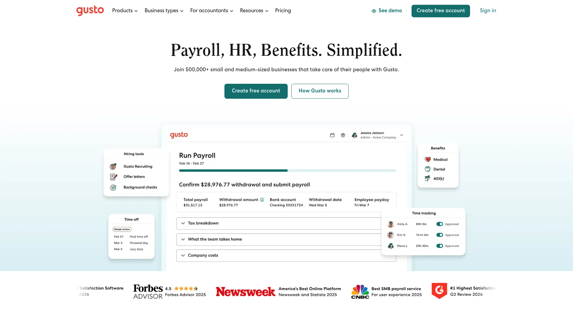 Gusto payroll and people platform homepage
