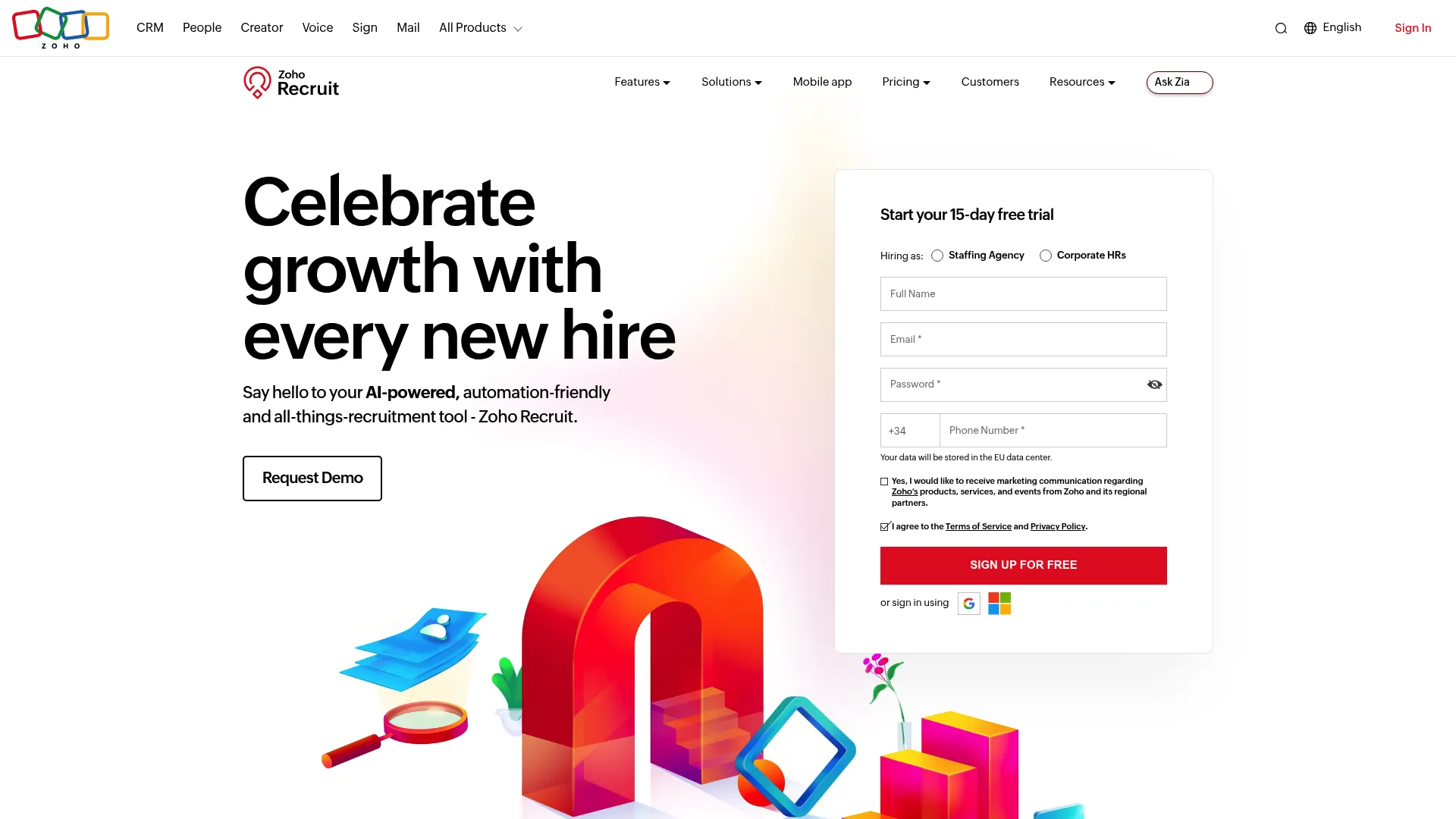 Zoho Recruit applicant tracking software homepage