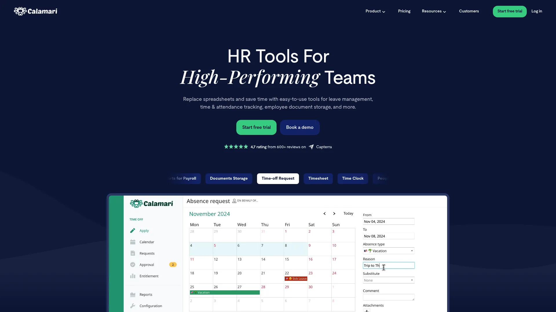 Calamari leave and attendance management platform homepage
