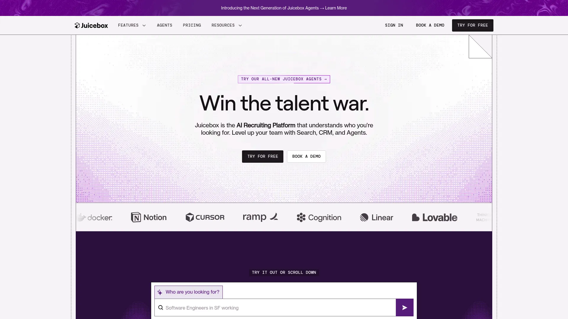Juicebox AI talent search platform homepage