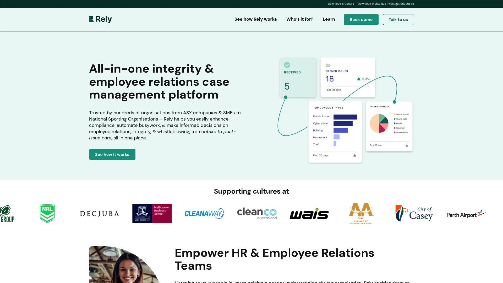 Rely Platform workplace case management homepage