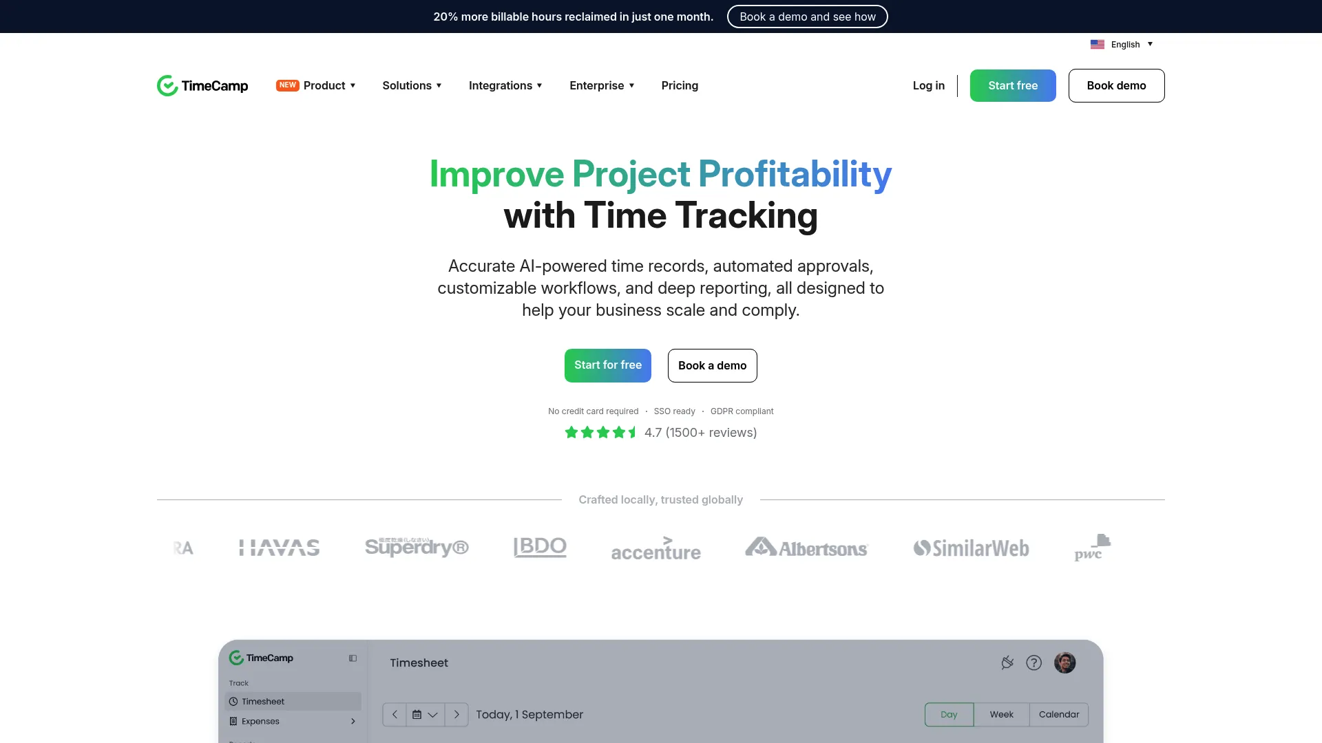 TimeCamp time tracking software homepage