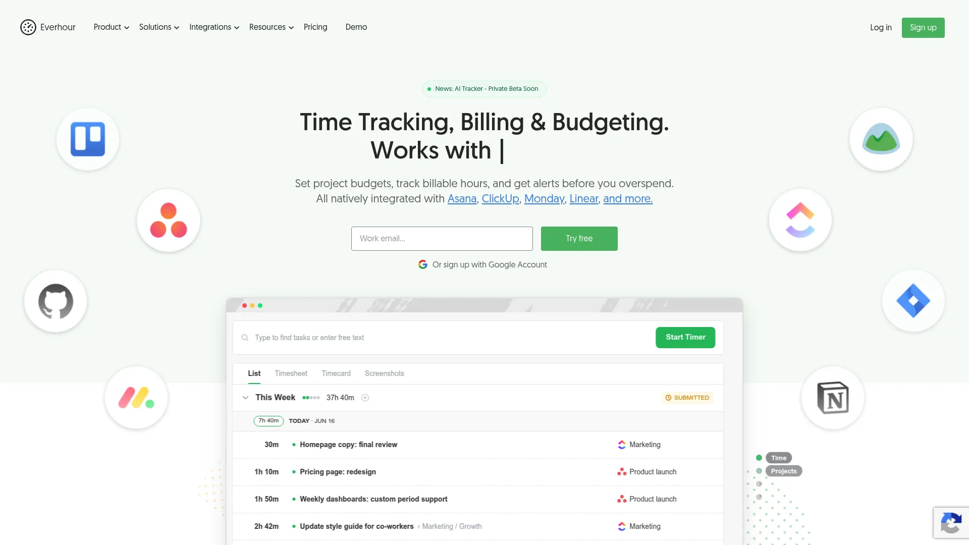Everhour time tracking software homepage