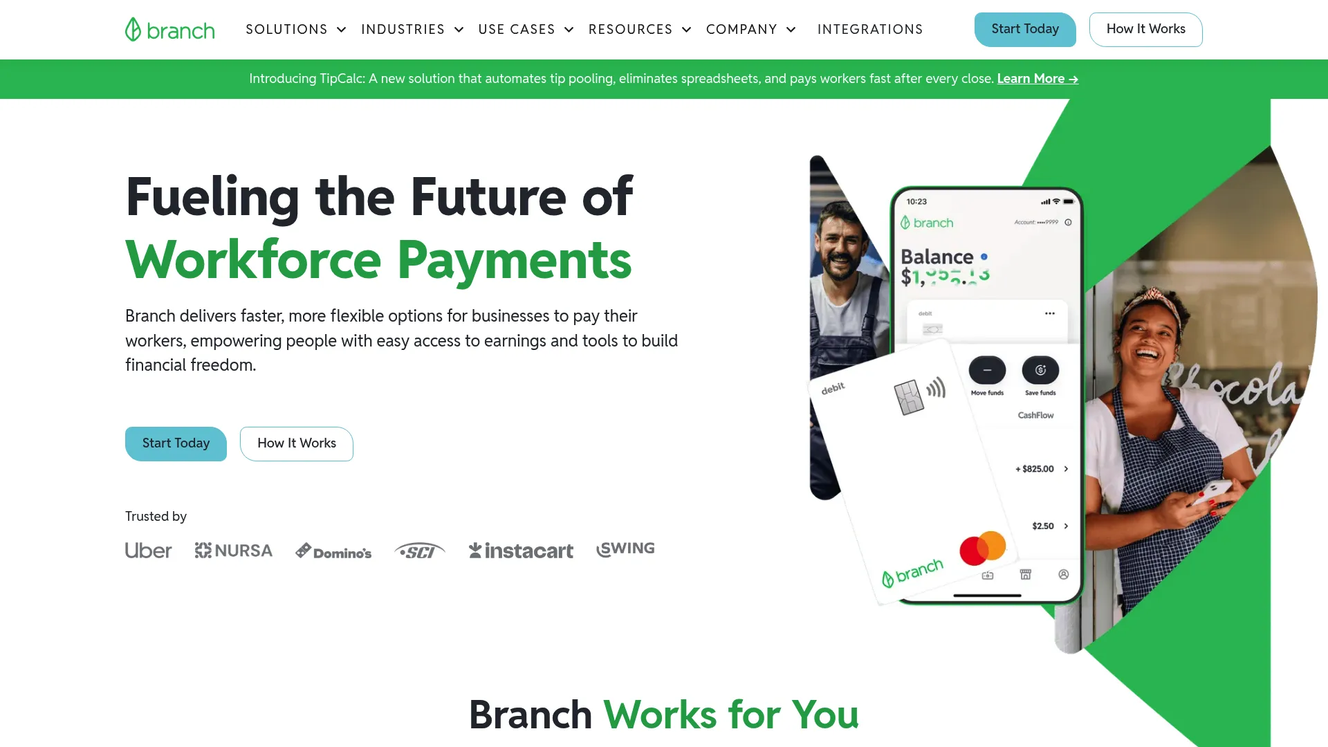 Branch workforce payments platform homepage