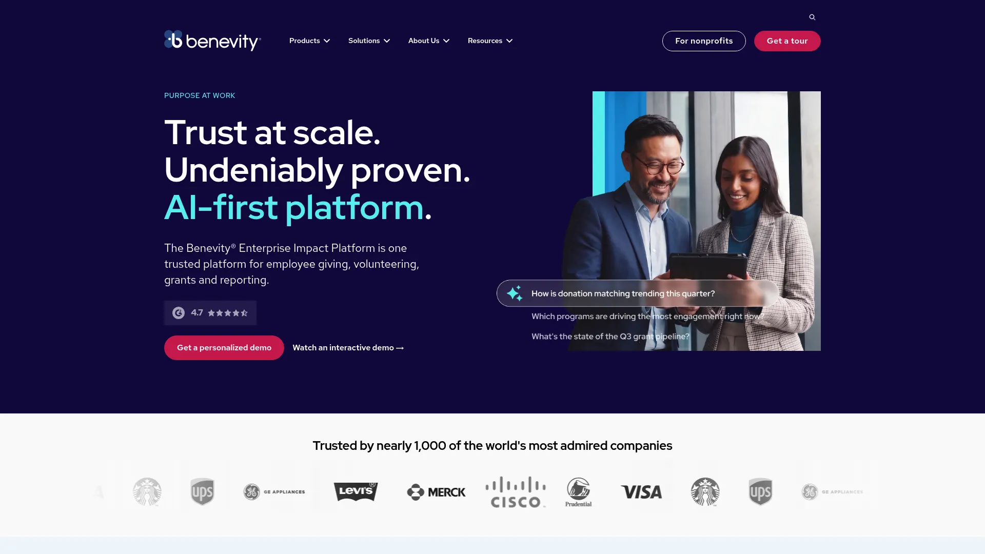 Benevity enterprise impact software dashboard for giving and volunteering