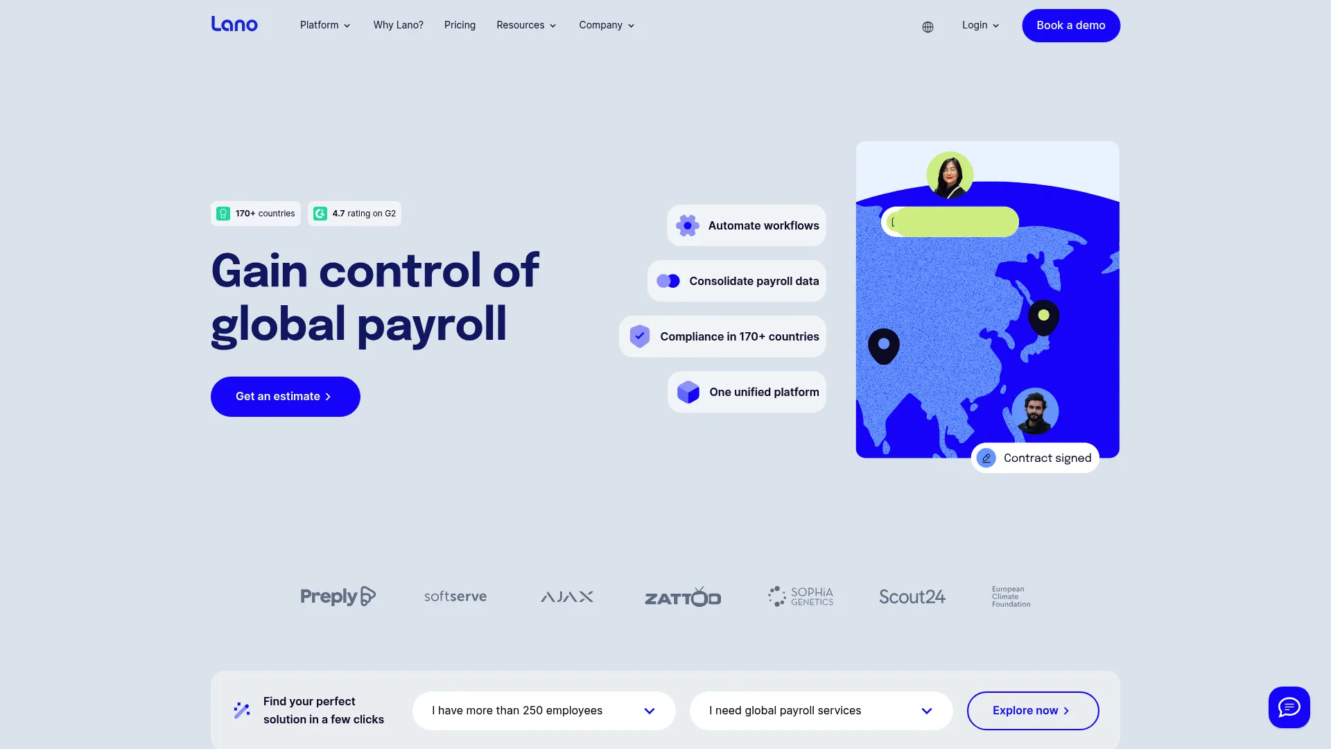 Lano global payroll and EOR platform homepage