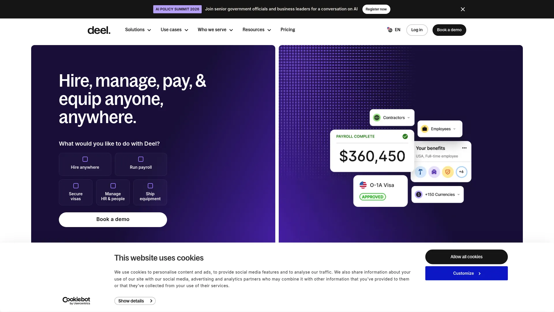 Deel global HR and payroll platform homepage