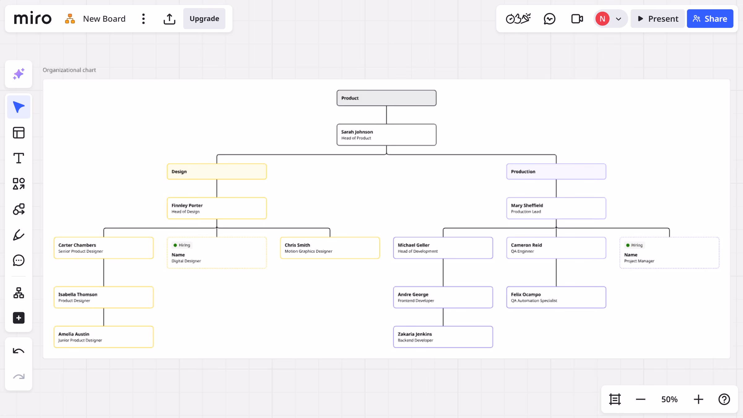 How to change the color of cards in an org chart on a Miro board