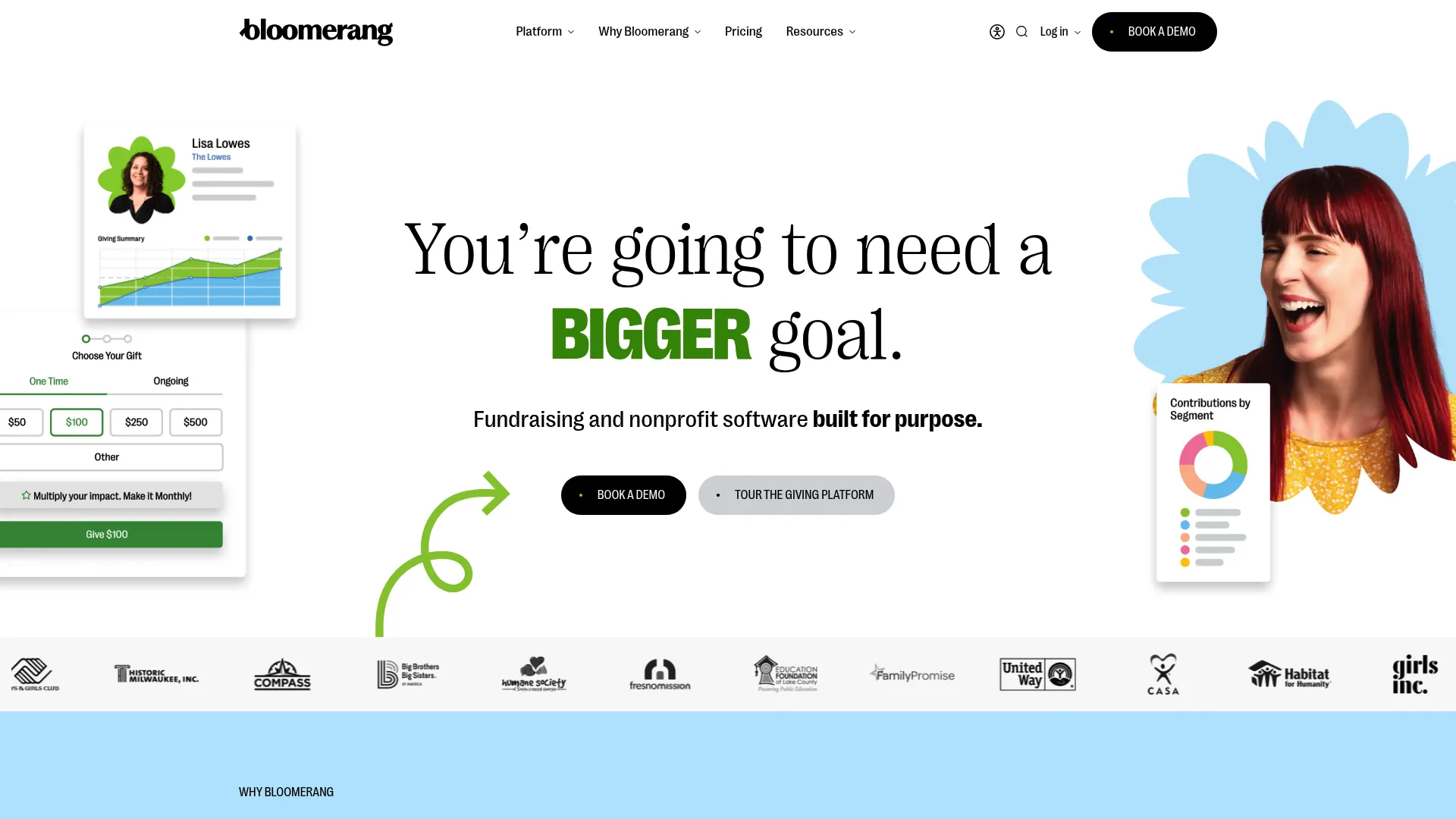 Bloomerang nonprofit fundraising and CRM platform homepage