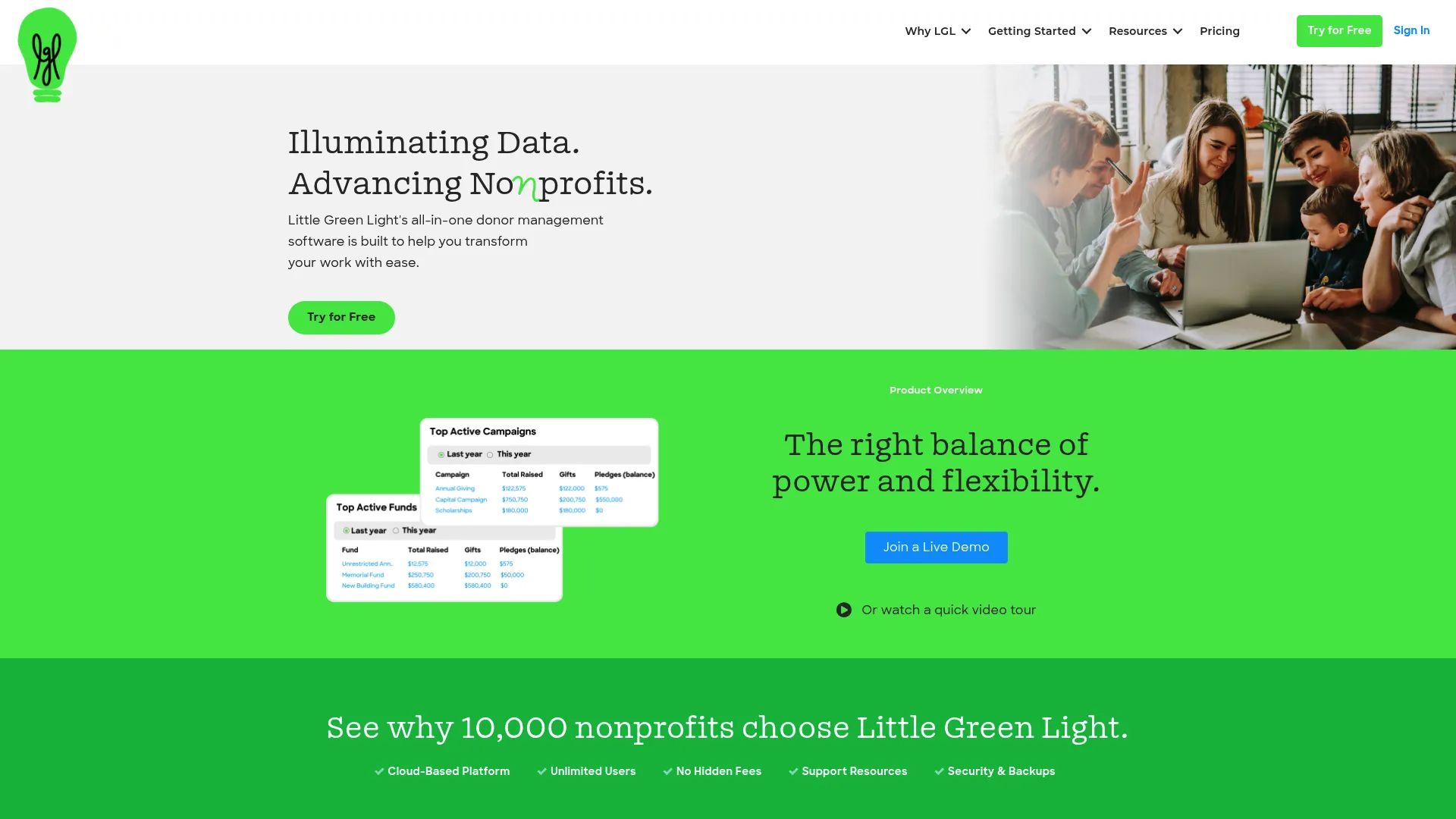 Little Green Light cloud-based donor management software homepage